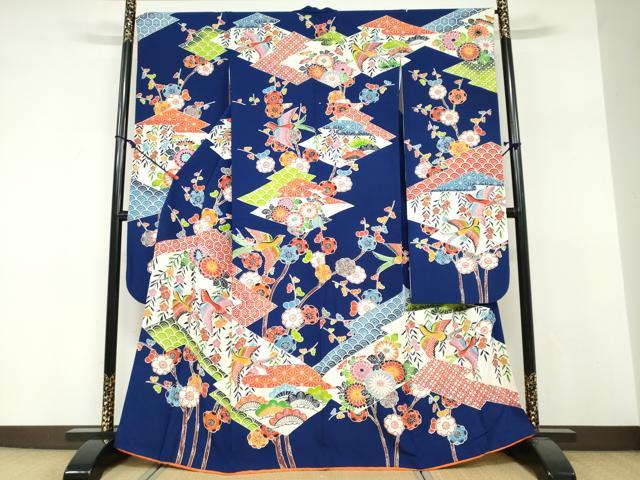 平和屋着物●豪華振袖　型染　花鳥文　正絹　逸品　DABF1751ud