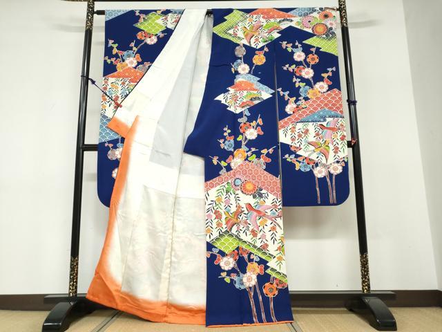 平和屋着物●豪華振袖　型染　花鳥文　正絹　逸品　DABF1751ud