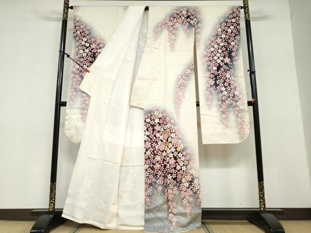 平和屋着物●豪華振袖　駒刺繍　枝垂れ桜文　金彩　銀通し地　正絹　逸品　DABF1764ud