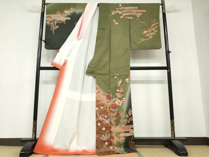 平和屋着物●訪問着　流水花鳥文　暈し染め　金彩　正絹　逸品　DABF1767ud