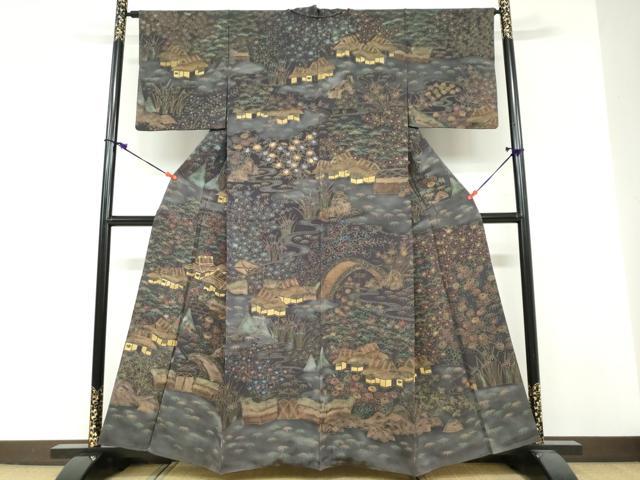 平和屋着物●訪問着　駒刺繍　風景草花文　金彩　正絹　逸品　DABF1771ud