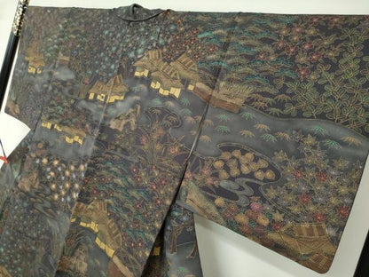 平和屋着物●訪問着　駒刺繍　風景草花文　金彩　正絹　逸品　DABF1771ud