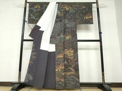 平和屋着物●訪問着　駒刺繍　風景草花文　金彩　正絹　逸品　DABF1771ud