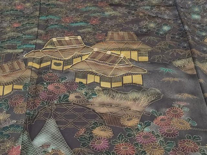 平和屋着物●訪問着　駒刺繍　風景草花文　金彩　正絹　逸品　DABF1771ud
