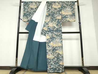 平和屋着物●訪問着　渡橋風景草花文　金銀彩　正絹　逸品　DABF1782ud