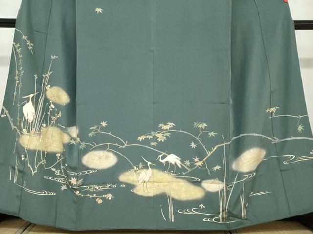 平和屋着物●訪問着　駒刺繍　流水草花文　鷺　金彩　正絹　逸品　DABF1792ud