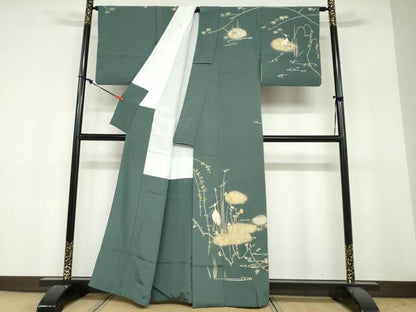 平和屋着物●訪問着　駒刺繍　流水草花文　鷺　金彩　正絹　逸品　DABF1792ud