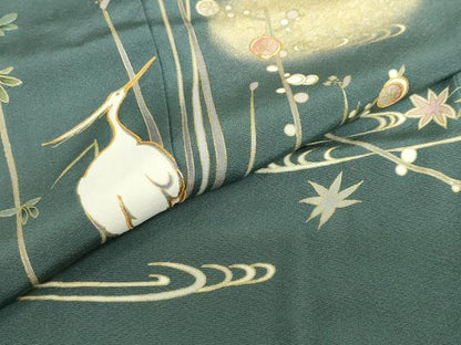 平和屋着物●訪問着　駒刺繍　流水草花文　鷺　金彩　正絹　逸品　DABF1792ud
