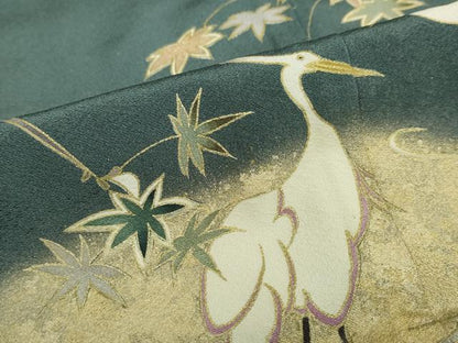 平和屋着物●訪問着　駒刺繍　流水草花文　鷺　金彩　正絹　逸品　DABF1792ud