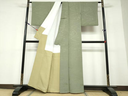 平和屋着物●上質な色無地　霞地紋　麹塵色　正絹　逸品　DABF1802ud