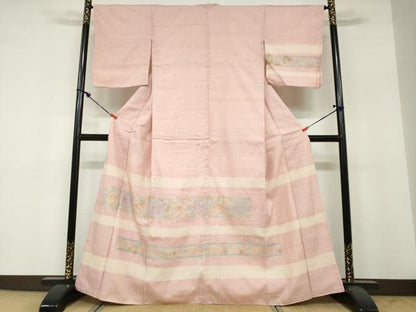 平和屋着物●中国三大刺繍　スワトウ刺繍　汕頭刺繍　訪問着　紬地　絞り　横段草花文　正絹　逸品　DABF1809ud