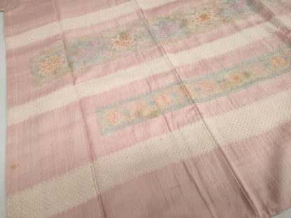 平和屋着物●中国三大刺繍　スワトウ刺繍　汕頭刺繍　訪問着　紬地　絞り　横段草花文　正絹　逸品　DABF1809ud