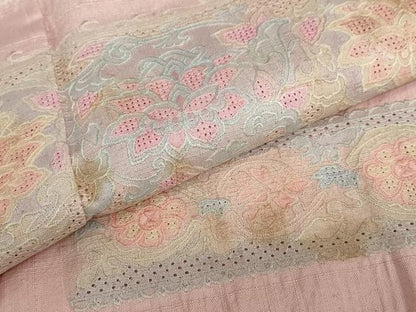 平和屋着物●中国三大刺繍　スワトウ刺繍　汕頭刺繍　訪問着　紬地　絞り　横段草花文　正絹　逸品　DABF1809ud