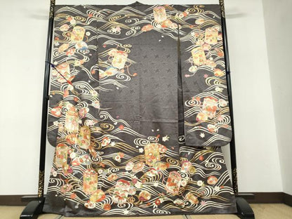 平和屋着物●豪華振袖　作家物　駒刺繍　貝桶草花文　金彩　正絹　逸品　DABF1811ud
