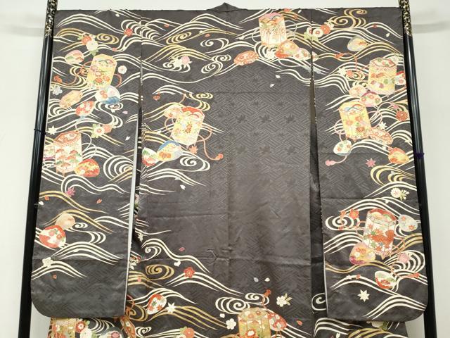 平和屋着物●豪華振袖　作家物　駒刺繍　貝桶草花文　金彩　正絹　逸品　DABF1811ud