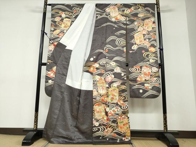 平和屋着物●豪華振袖　作家物　駒刺繍　貝桶草花文　金彩　正絹　逸品　DABF1811ud