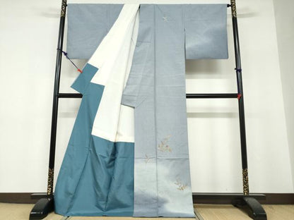 平和屋着物●訪問着　紬地　総刺繍　草花文　暈し染め　金彩　正絹　逸品　DABF1817ud