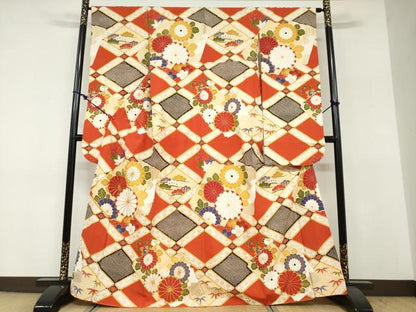平和屋着物●豪華振袖　駒刺繍　天井花文　金彩　正絹　逸品　DABF1818ud