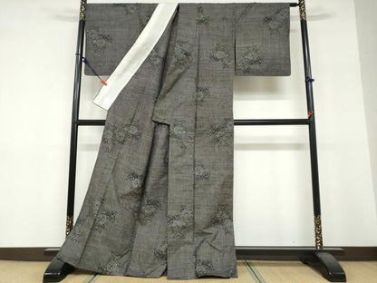 平和屋着物▽本場大島紬　単衣　7マルキ　草花文　正絹　逸品　DABF1826ud