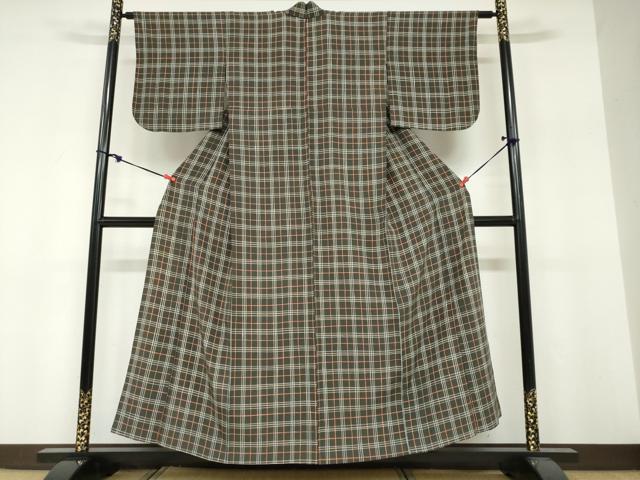 平和屋着物▽上質な小紋　単衣　変わり格子文　正絹　逸品　DABF1831ud