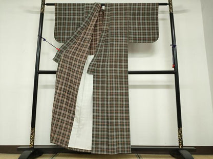 平和屋着物▽上質な小紋　単衣　変わり格子文　正絹　逸品　DABF1831ud