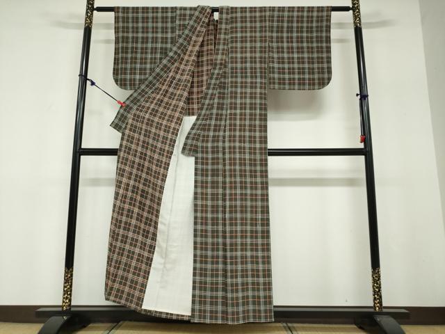 平和屋着物▽上質な小紋　単衣　変わり格子文　正絹　逸品　DABF1831ud