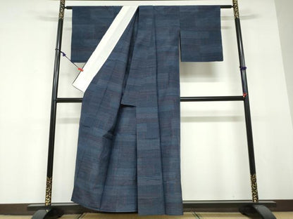 平和屋着物▽上質な紬　単衣　幾何学文様　正絹　逸品　DABF1842ud