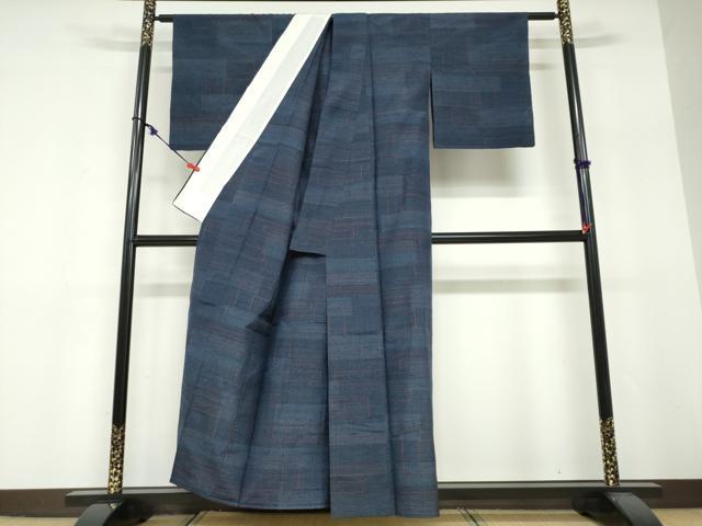 平和屋着物▽上質な紬　単衣　幾何学文様　正絹　逸品　DABF1842ud