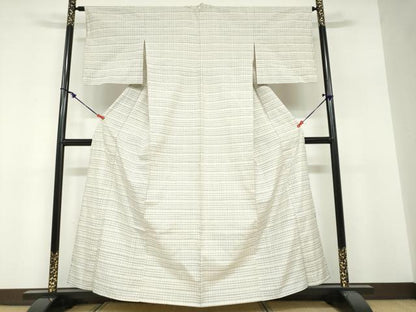 平和屋着物▽上質な紬　単衣　変わり格子文　正絹　逸品　DABF1847ud