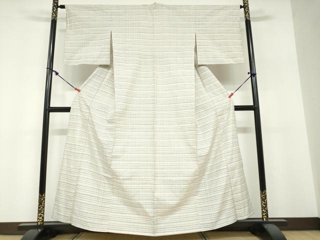 平和屋着物▽上質な紬　単衣　変わり格子文　正絹　逸品　DABF1847ud