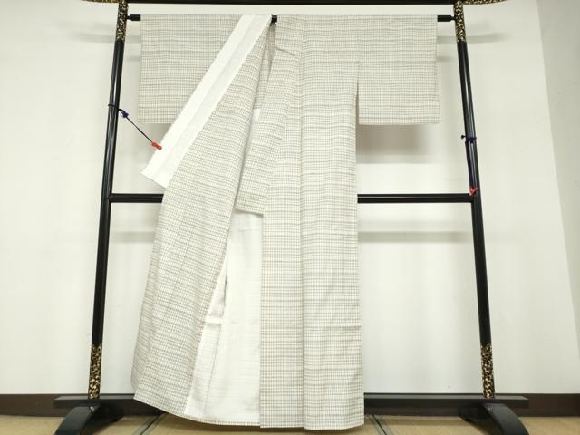 平和屋着物▽上質な紬　単衣　変わり格子文　正絹　逸品　DABF1847ud