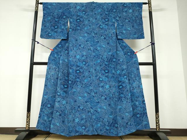 平和屋着物▽上質な小紋　単衣　草花文　鬼しぼ縮緬　正絹　逸品　DABF1848ud