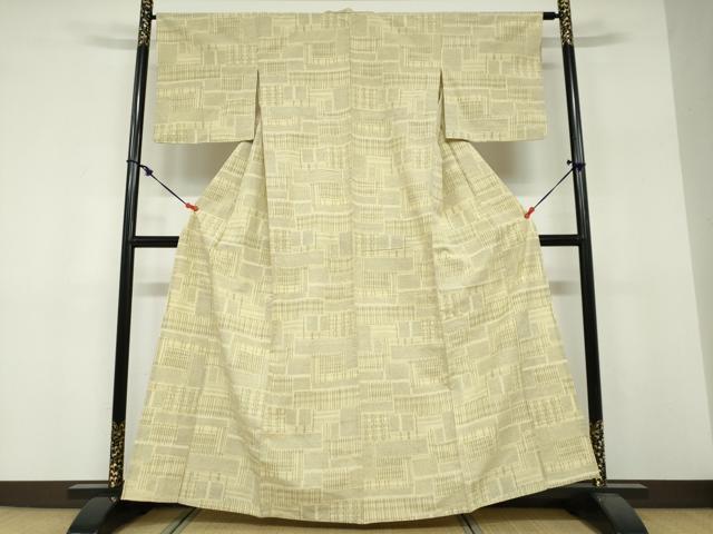 平和屋着物▽上質な紬　単衣　変わり格子文　正絹　逸品　DABF1849ud