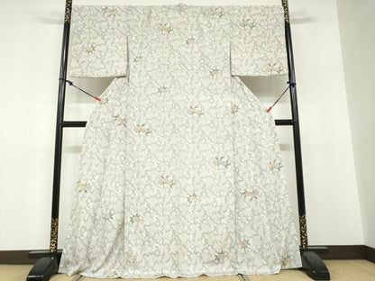 平和屋着物▽上質な小紋　単衣　型染め　草花文　正絹　逸品　DABF1850ud