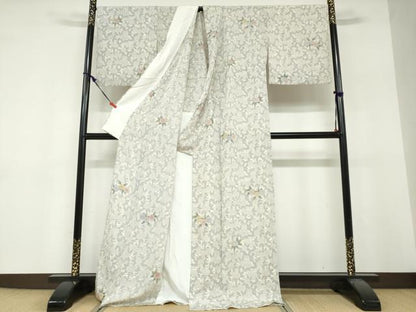 平和屋着物▽上質な小紋　単衣　型染め　草花文　正絹　逸品　DABF1850ud