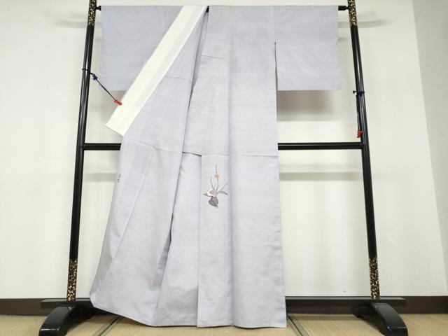 平和屋着物▽西陣　宮階織物　宮繍苑　里葉　紬　単衣　ワンポイント　牡丹鼠色　正絹　逸品　DABF1853ud