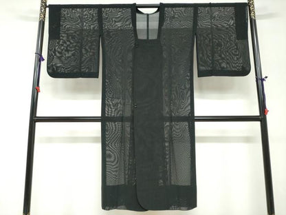 平和屋着物▽道行コート　スリーシーズン　春夏秋　塵除け　二重紗　縞　黒地　正絹　逸品　DABF1864ud