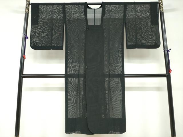 平和屋着物▽道行コート　スリーシーズン　春夏秋　塵除け　二重紗　縞　黒地　正絹　逸品　DABF1864ud