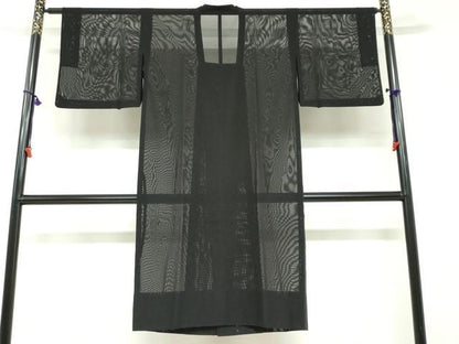 平和屋着物▽道行コート　スリーシーズン　春夏秋　塵除け　二重紗　縞　黒地　正絹　逸品　DABF1871ud