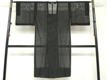 平和屋着物▽道行コート　スリーシーズン　春夏秋　塵除け　二重紗　縞　黒地　正絹　逸品　DABF1871ud