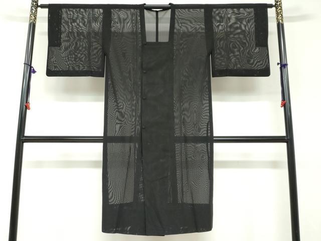 平和屋着物▽道行コート　スリーシーズン　春夏秋　塵除け　二重紗　縞　黒地　正絹　逸品　DABF1871ud