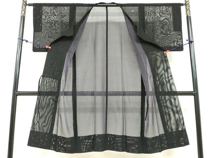 平和屋着物▽道行コート　スリーシーズン　春夏秋　塵除け　二重紗　縞　黒地　正絹　逸品　DABF1871ud