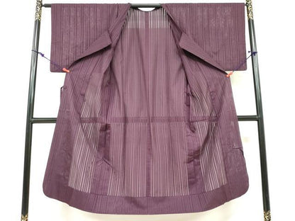 平和屋着物▽道行コート　スリーシーズン　春夏秋　塵除け　縞　暗紅色　正絹　逸品　DABF1872ud