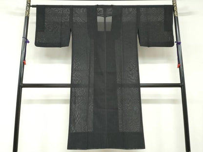平和屋着物▽道行コート　スリーシーズン　春夏秋　塵除け　二重紗　変わり縞　黒地　正絹　逸品　DABF1873ud