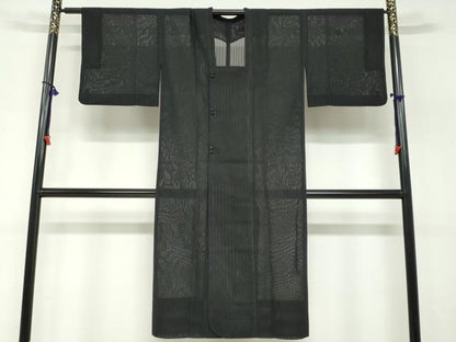 平和屋着物▽道行コート　スリーシーズン　春夏秋　塵除け　二重紗　変わり縞　黒地　正絹　逸品　DABF1873ud