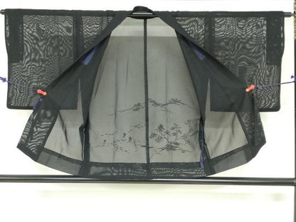平和屋着物▽道中着　スリーシーズン　春夏秋　塵除け　風景文　黒地　正絹　逸品　DABF1877ud