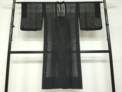 平和屋着物▽道行コート　スリーシーズン　春夏秋　塵除け　二重紗　縞　黒地　正絹　逸品　DABF1879ud