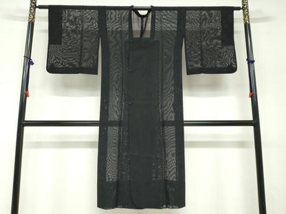 平和屋着物▽道行コート　スリーシーズン　春夏秋　塵除け　二重紗　縞　黒地　正絹　逸品　DABF1879ud