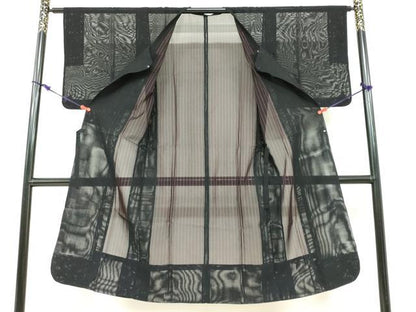 平和屋着物▽道行コート　スリーシーズン　春夏秋　塵除け　二重紗　縞　黒地　正絹　逸品　DABF1879ud
