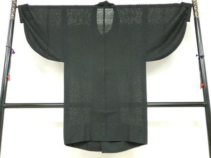 平和屋着物▽道行コート　スリーシーズン　春夏秋　塵除け　草花文　黒地　正絹　逸品　DABF1888ud